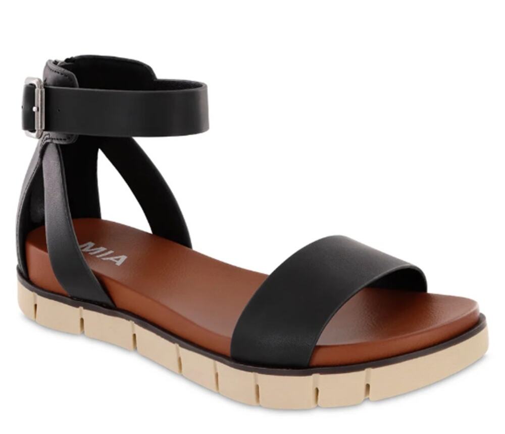 MIA Womens Emilia Sandals Size 6 Black Vegan Leather Flat Platform NWOB
